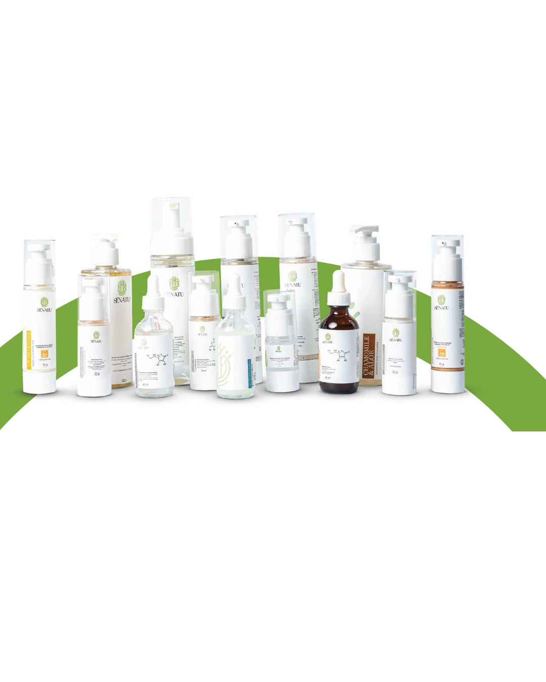 Lineup of SÉNATU skincare products, including serums, cleansers, moisturizers, and sunscreens, displayed in white and amber bottles with green branding.