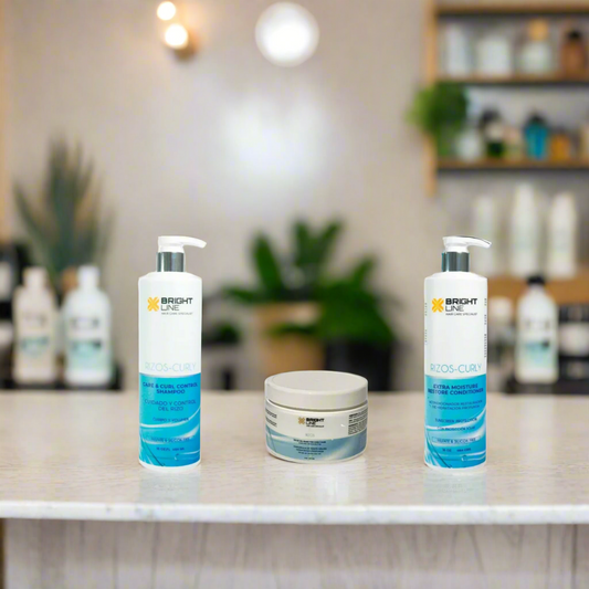 Bright Line Rizos-Curly shampoo, conditioner, and hair mask bundle for curl care, featuring sulfate-free, moisture-rich formulas for curly and textured hair.