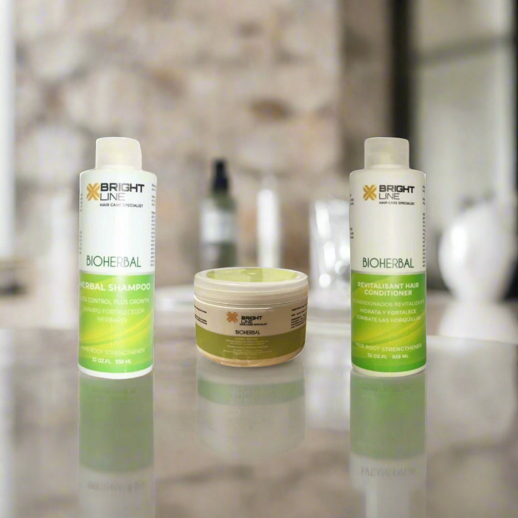 Bright Line BioHerbal trio with shampoo, conditioner, and 10 oz mask, designed for scalp health, root strengthening, and moisture replenishment using plant-based ingredients.