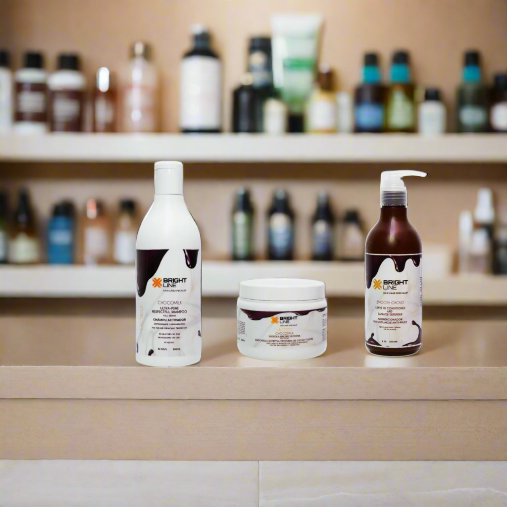 Bright Line Choco Therapy bundle with chocolate-infused shampoo, conditioner, and mask for smooth, frizz-free hair. Ideal for chemically treated or dry hair types.