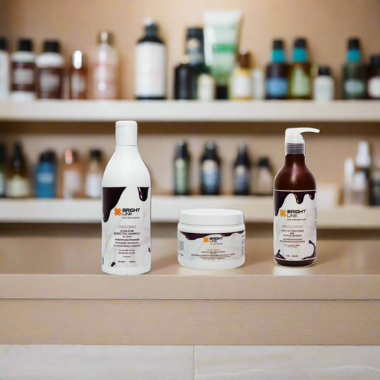Bright Line Choco Therapy bundle with chocolate-infused shampoo, conditioner, and mask for smooth, frizz-free hair. Ideal for chemically treated or dry hair types.
