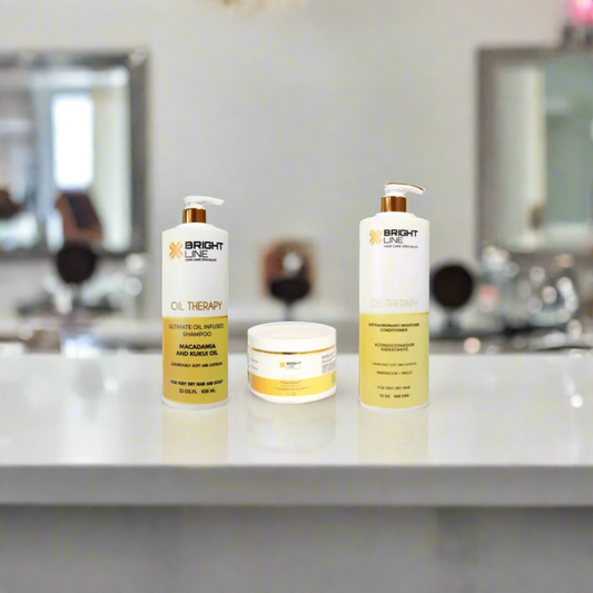 Bright Line Oil Therapy bundle with macadamia and kukui oil-infused shampoo, conditioner, and 10 oz mask for deep hydration, shine, and nourishment of very dry or damaged hair